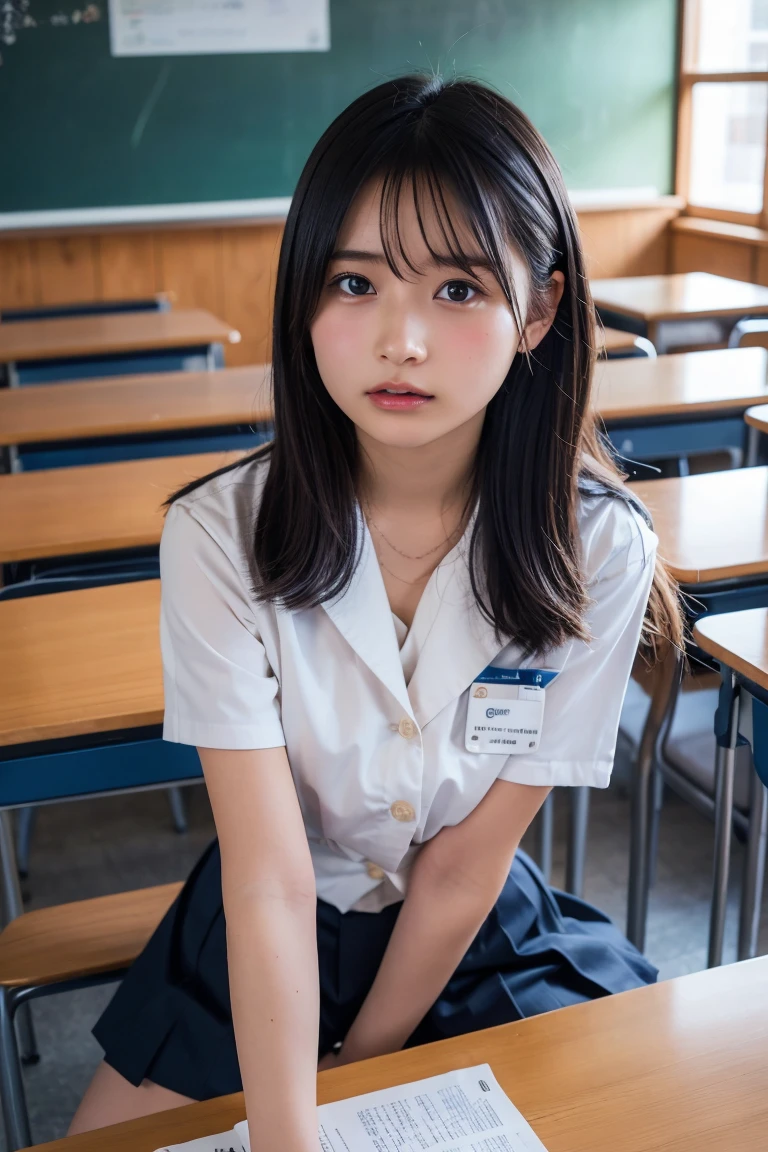 Browsing Caution,Highest quality,Ultra-high resolution,,Japan Female Junior High School Students(1.8),whole body,Black Hair,Serious expression,Looking into the camera,Very young(1.4)、Beautiful and elaborate face,Fine and beautiful skin,Skin Texture,、Classroom after school,Sit at a desk,Lift your knees and open your legs,Leg spread、Exposed crotch,Focus on the crotch、nsfw(1.5)、、Prostration