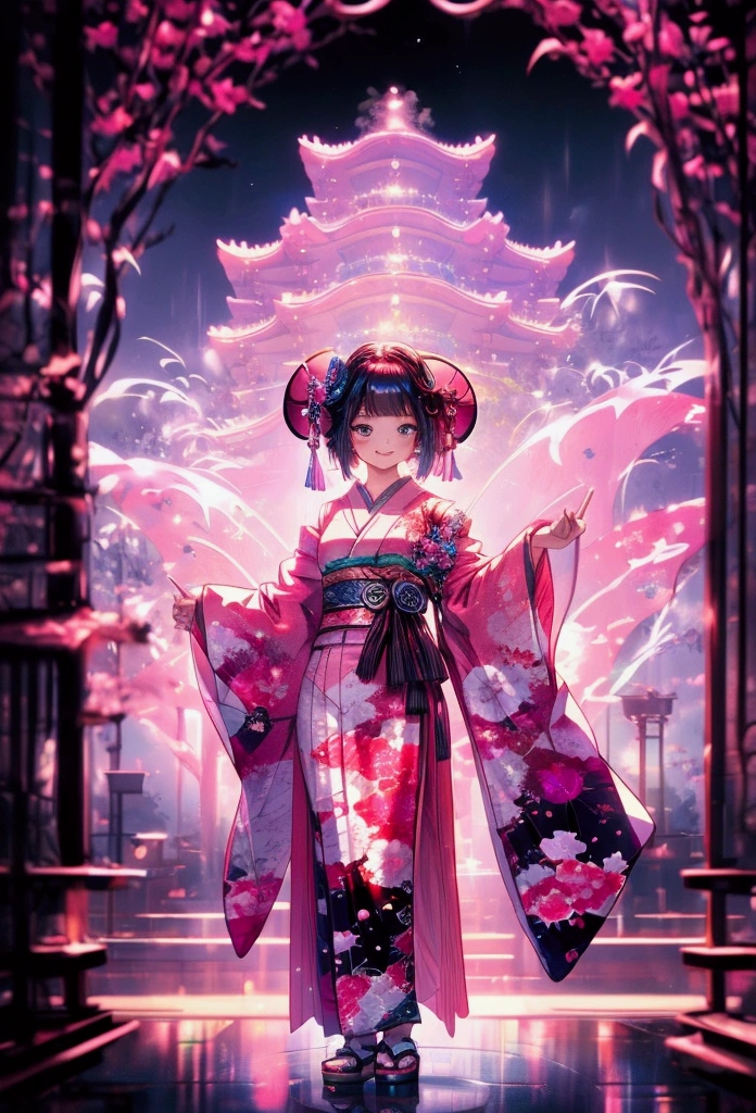 at midnight, long exposure, Vivid_Magenta, full body shot, ultra realistic photo, romantic atmosphere, japanese, piercing, japanese clothes, background photo, female, hyper detailed, masterpiece, 8K