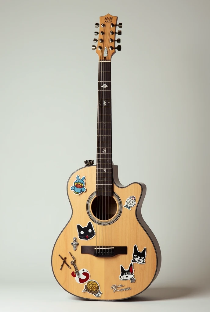 I'm inventing a guitar with stickers and keychains, but I have no idea what to put as a combination of keychains and stickers, There you have created an image of a guitar not too exaggerated a minimalist style so I can have an idea to decorate my guitar, I don't put a very exaggerated guitar, it's not a guitar, it's a guitar that I want, I wanted a keychain like that near the tuning peg, and the stickers matching keychains and stickers together can put a little more keychain on the peg