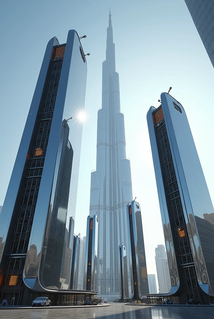 A big i phone tower on each other single single in front of Burj khalifa