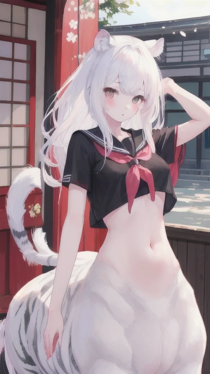 (best quality, masterpiece), 1 girl, centaur, I beg, White skin, Japanese schoolgirl,daughter,black pink, exposing the abdomen, belly on t-shirt , beautiful girl perfect, White tiger photo, 완벽한 White tiger photo