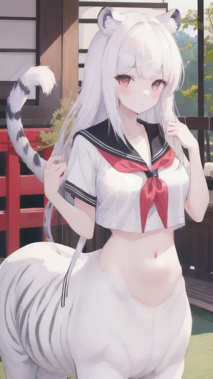(best quality, masterpiece), 1 girl, centaur, I beg, White skin, Japanese schoolgirl,daughter,black pink, exposing the abdomen, belly button t-shirt , beautiful girl perfect, White tiger photo, 완벽한 White tiger photo