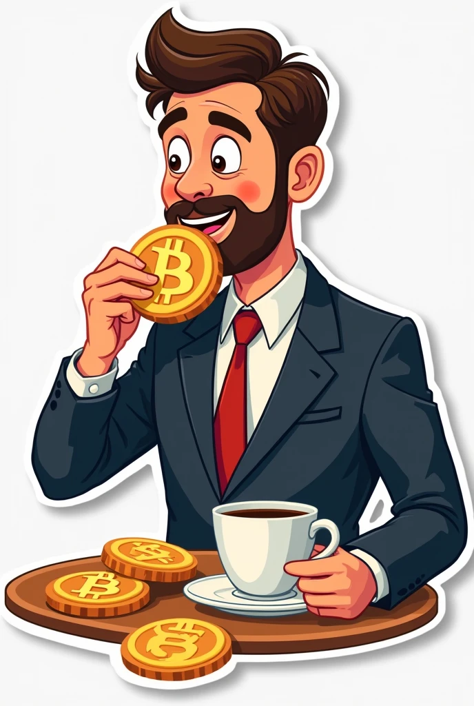 Vector image sticker art of eating bitcoin cookies with coffee in hand by a man with a suit and tie 
