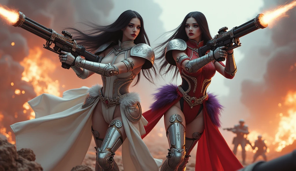 Full body pose sexy Sisters of Battle from the Warhammer 40k, shooting at the enemy, white armor with intricate details, red armor with intricate details, religious symbols on armor, Sisters of Battle, Warhammer 40k, Massive silicone breasts, pale skin, seductive, Temptation, eat your soul, split, long flowing black hair with purple highlights, heavy gothic makeup, at night, neon, beautiful detailed eyes, beautiful detailed lips, extremely detailed eyes and face, long eyelashes, Highly detailed armor, complex futuristic weapons, dramatic lighting, cinematic composition, muted color palette, raw and realistic, fur, Science fiction, Hyper-detailed, photorealistic, Award-winning digital art, 8 K, HDR, Master's thesis, in the middle of the battlefield, full length fighting pose, explosions and fire all around, total war, deafening, high heel shoes, high heels, whole body pose, cinematic, trailer, The Final Frontier!, Nemesis, Ready to strike, dust and debris, battle cries, attacking, shooting at the enemy, Running forward, last line of defense, Charger, a fanatic, religious, Knights Templar, Sisters of Battle, Warhammer 40k