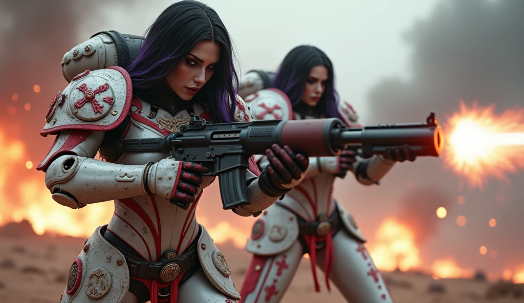 Full body pose sexy Sisters of Battle from the Warhammer 40k, shooting at the enemy, white armor with intricate details, red armor with intricate details, religious symbols on armor, Sisters of Battle, Warhammer 40k, Massive silicone breasts, pale skin, seductive, Temptation, eat your soul, split, long flowing black hair with purple highlights, heavy gothic makeup, at night, neon, beautiful detailed eyes, beautiful detailed lips, extremely detailed eyes and face, long eyelashes, Highly detailed armor, complex futuristic weapons, dramatic lighting, cinematic composition, muted color palette, raw and realistic, fur, Science fiction, Hyper-detailed, photorealistic, Award-winning digital art, 8 K, HDR, Master's thesis, in the middle of the battlefield, full length fighting pose, explosions and fire all around, total war, deafening, high heel shoes, high heels, whole body pose, cinematic, trailer, The Final Frontier!, Nemesis, Ready to strike, dust and debris, battle cries, attacking, shooting at the enemy, Running forward, last line of defense, Charger, a fanatic, religious, Knights Templar, Sisters of Battle, Warhammer 40k