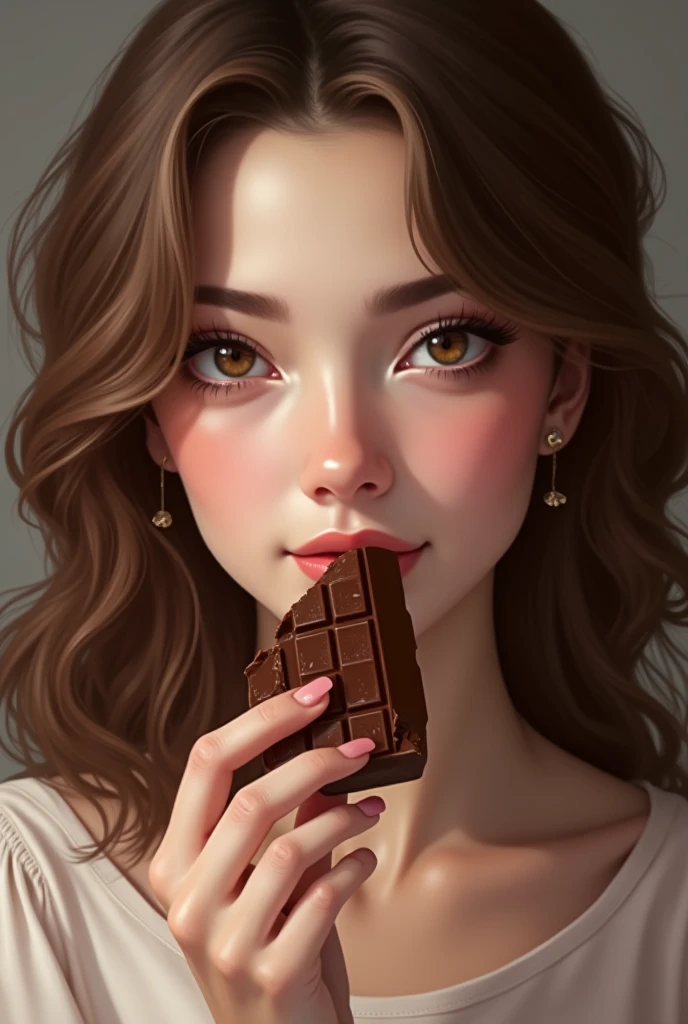 Beautiful girl eating chocolate and chocolate Her hair is chocolate her eyes is chocolate  Ahe is magestic She is cute