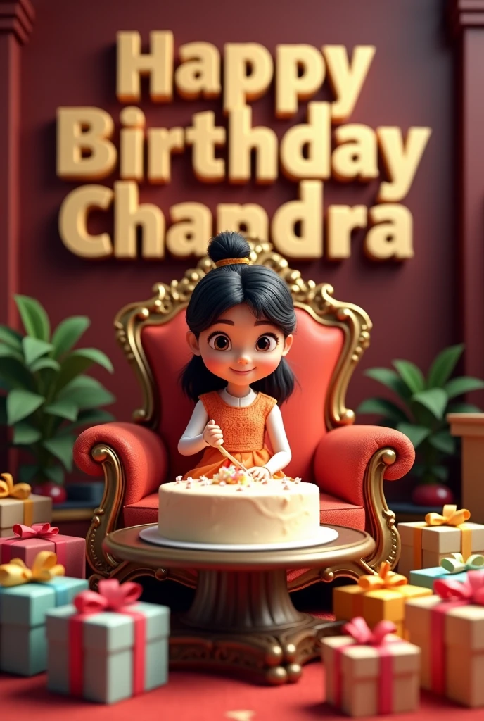 create realistic illusion image of A 1 girl is sitting on a king chair and she is
cutting the birthday cake, there are many gifts kept next to it and Happy
Birthday chandra, 3d text is written on
the back wall