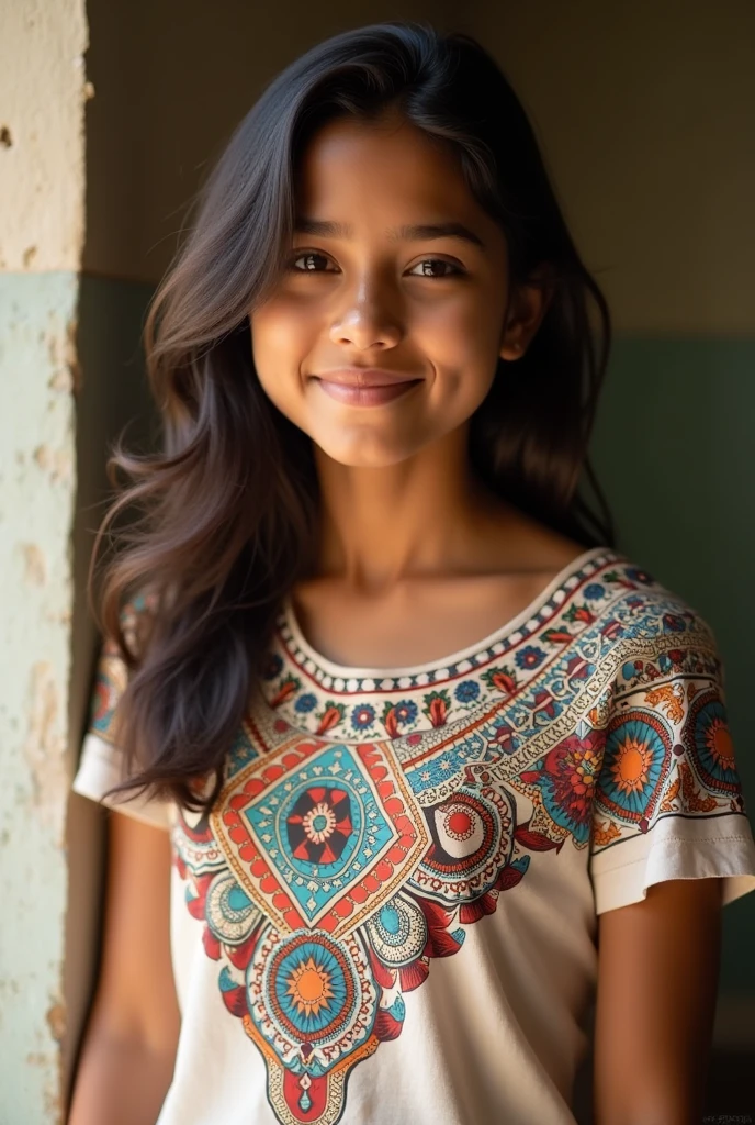 A girl in tshirt with hindustani prints , with photo of ratio 16:9 