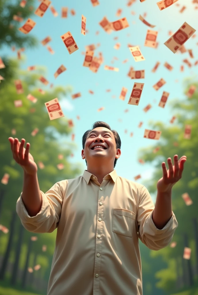 A Chinese man smiles happily, looks up, and spreads his arms, waiting to receive money, which is falling from the sky in large amounts.