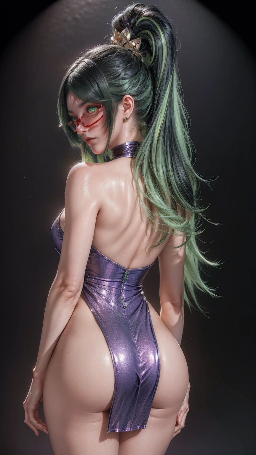 8K, Ultra High Definition, Super detailed, Shiny detailed hair, detailed face, fantasy landscape, solo, looking at viewer, {{best quality}}, {{masterpiece}}, {{ultra-detailed}}, {detailed light}, ultra high quality eyes, detailed eyes, perfect eyes, large eyes, detailed green eyes, red glasses, black and green hair, long hair, tied hair, adorned hair, beautiful, skinny body, white skin, slutty, erotic, suggestive, standing, in a sexy purple-metallic sequin party dress, view from the back, looking from behind, curvy booty, showing the butt, squatting with legs open, ((nsfw))