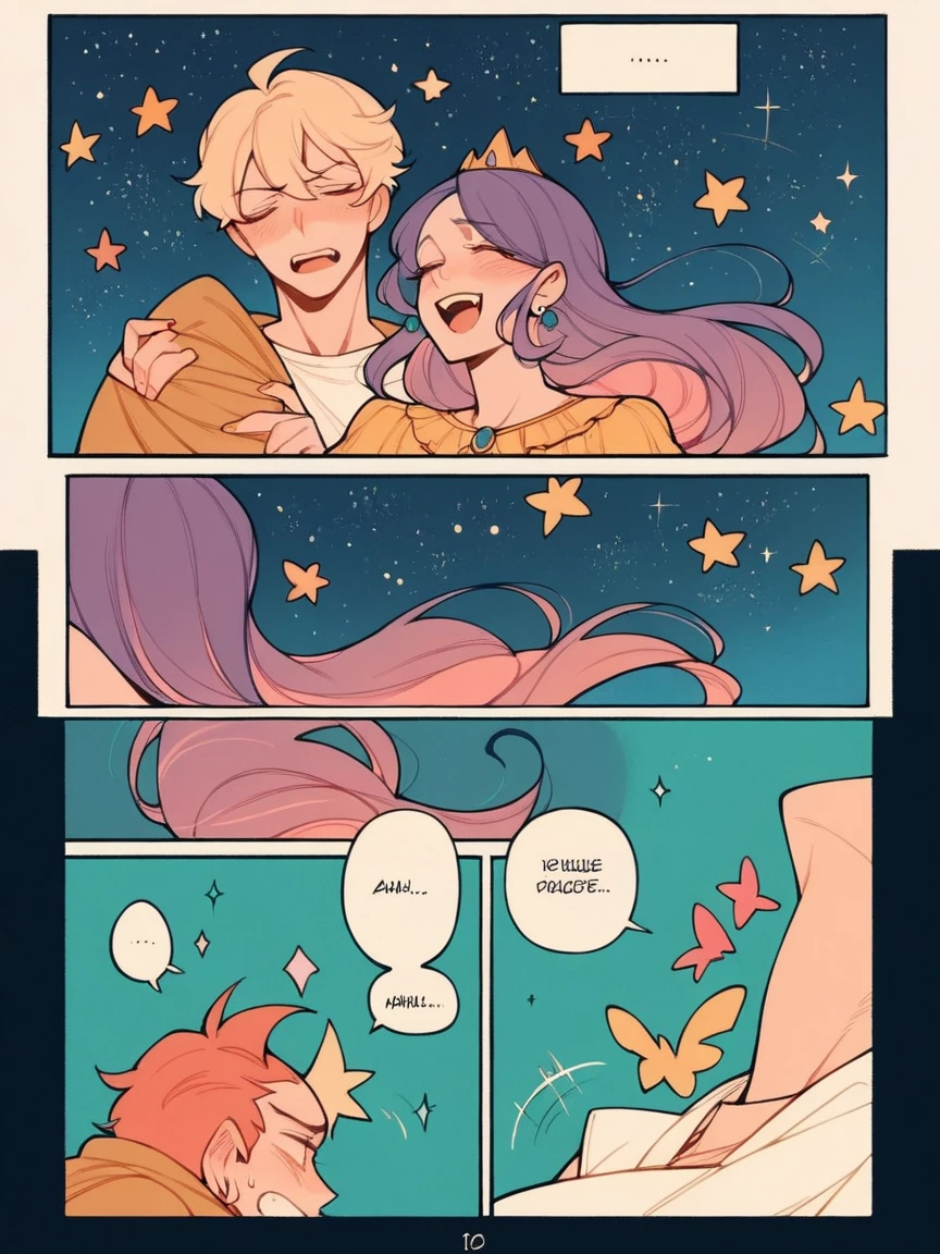 score_9, score_8_up, score_7_up, score_6_up, p4n3ls, 1girl, 1boy, stars, long hair, panels, A princess falls in love with a demon、speech bubble、Powerful girl manga style, (8k, best quality, master piece: 1.2),super high resolution, A page of a soft pastel colored comic book divided into frames