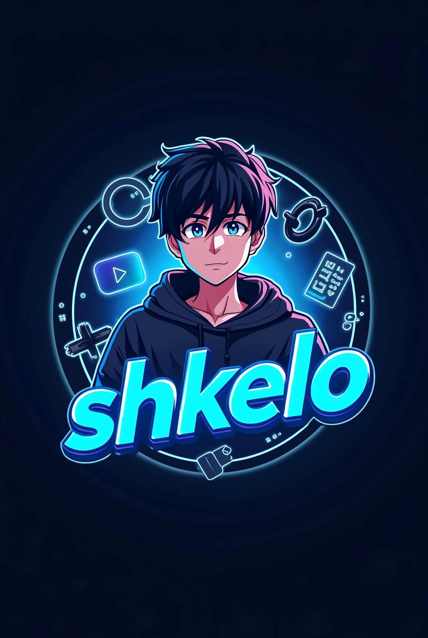 This is a gaming logo that features the name "Shkelo" in a futuristic font and a neon blue color. and Boy Anime avtar, The logo also has a stylized controller icon and a YouTube play button in the background. The logo is designed to be attractive and eye- catching, and to appeal to gaming enthusiasts and YouTube viewers Ihone