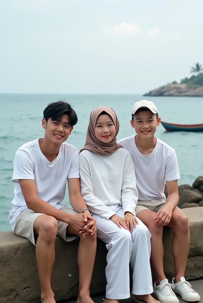 Portrait of an 18 year old Indonesian young man wearing a white t-shirt and an 1 Indonesian young woman wearing a long sleeve white t-shirt and hijab and a young man wearing a white t-shirt and a girl wearing a white t-shirt and hijab sitting on the rocks by the sea behind them is a boat