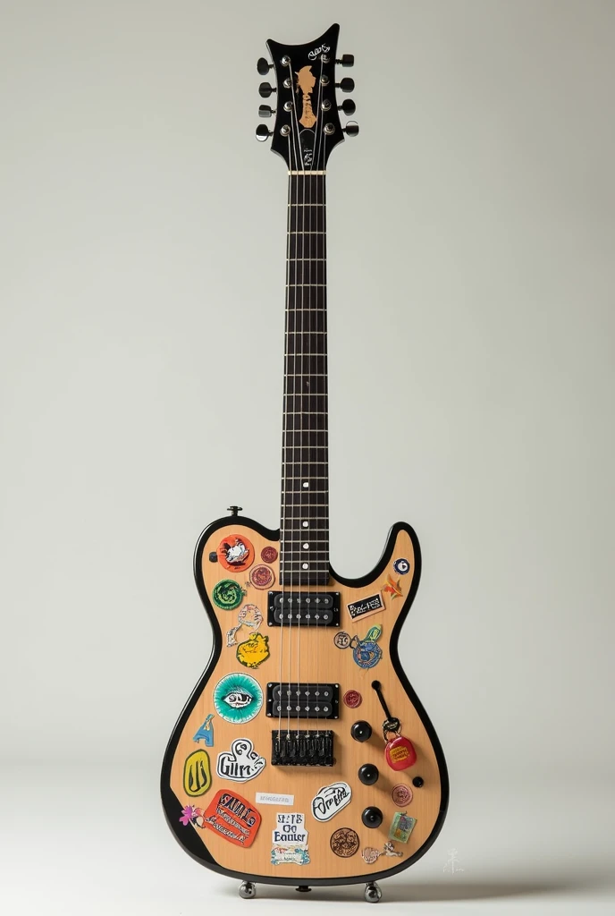 I'm inventing a guitar with stickers and keychains, but I have no idea what to put as a combination of keychains and stickers, There you have created an image of a guitar not too exaggerated a minimalist style so I can have an idea to decorate my guitar, I don't put a very exaggerated guitar, it's not a guitar, it's a guitar that I want, I wanted a keychain like that near the tuning peg, and the stickers matching keychains and stickers together can put a little more keychain on the peg, Put on a keychain, don't forget the keychain