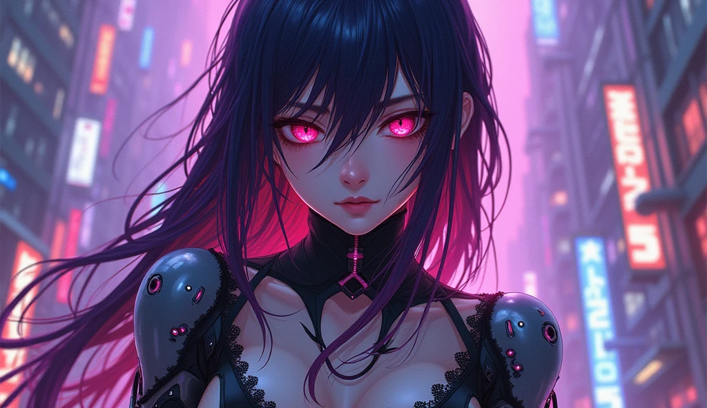 masterpiece, best quality, illustration, beautiful detailed eyes, colorful background, mechanical prosthesis, mecha coverage, emerging dark purple across with white hair, pig tails, disheveled hair, fluorescent purple, cool movement, rose red eyes, beatiful detailed cyberpunk city, multicolored hair, beautiful detailed glow, 1 girl, expressionless, cold expression, insanity, long bangs, long hair, lace, dynamic composition, motion, ultra - detailed, incredibly detailed, a lot of details, amazing fine details and brush strokes, smooth, hd semirealistic anime cg concept art digital painting, cyborg style, drink acup of coffe