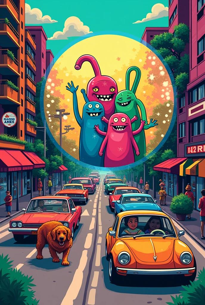 Personification of drugs, the drugs came to life, traffic, print, vectorial, simplistic, coming out of the bubble, stoner, colorful cars, a caramel dog