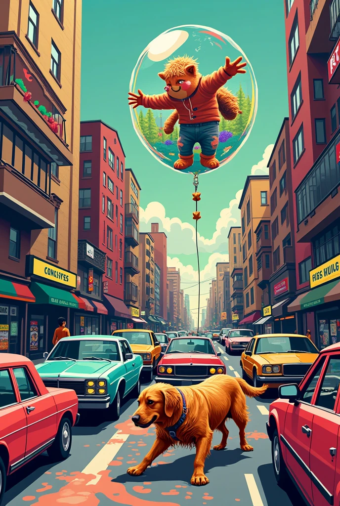 Personification of drugs, the drugs came to life, traffic, print, vectorial, simplistic, coming out of the bubble, stoner, colorful cars, a caramel dog