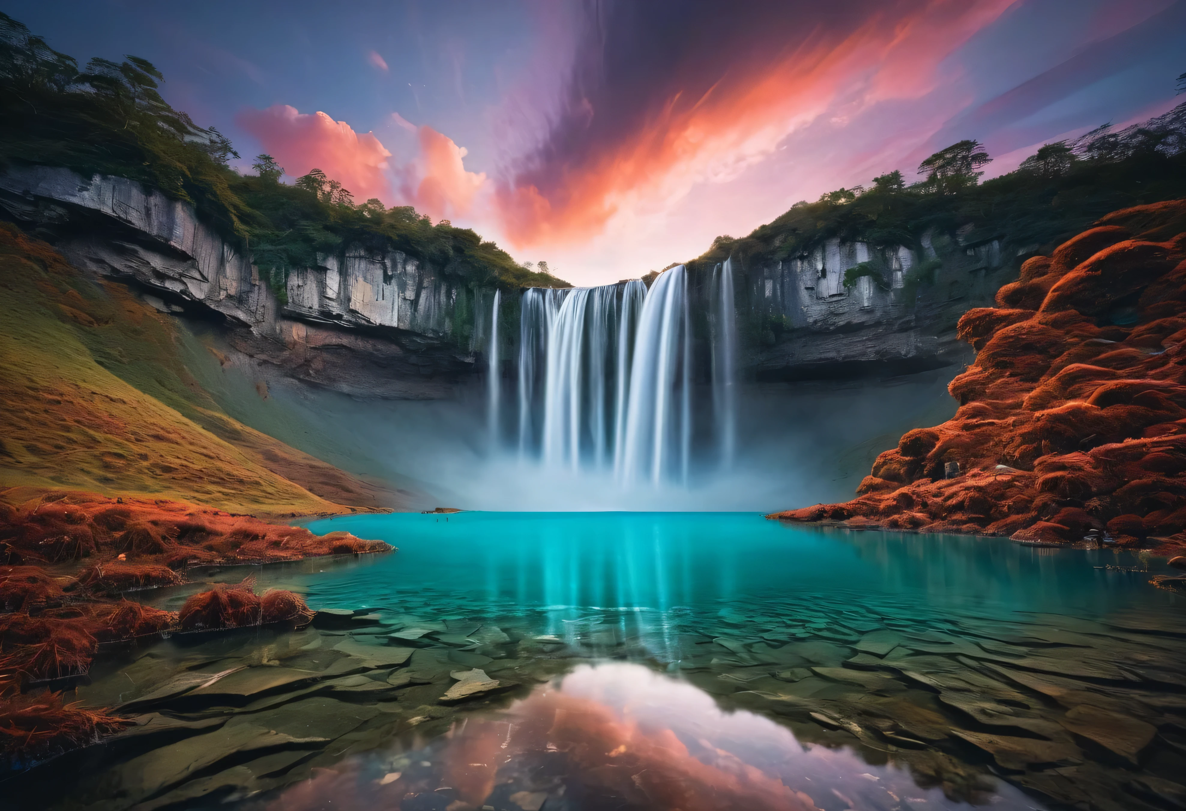 Generate an imaginative and surreal landscape photo that blends elements of nature with abstract and futuristic details. The scene should feature a vast, otherworldly terrain with towering, crystalline structures that rise from the ground, reflecting vibrant colors of the sky. The land is covered with bioluminescent plants that glow softly in the twilight, and unusual rock formations that defy the laws of physics, perhaps floating or twisted into intricate shapes. In the distance, a massive, translucent waterfall pours into an iridescent lake that mirrors the sky. The sky itself is filled with swirling clouds in a mix of warm and cool tones, creating a dreamy and ethereal atmosphere. The overall composition should evoke a sense of wonder and awe, capturing a landscape that feels both familiar and alien, blending reality with fantasy in a way that has never been seen before.
