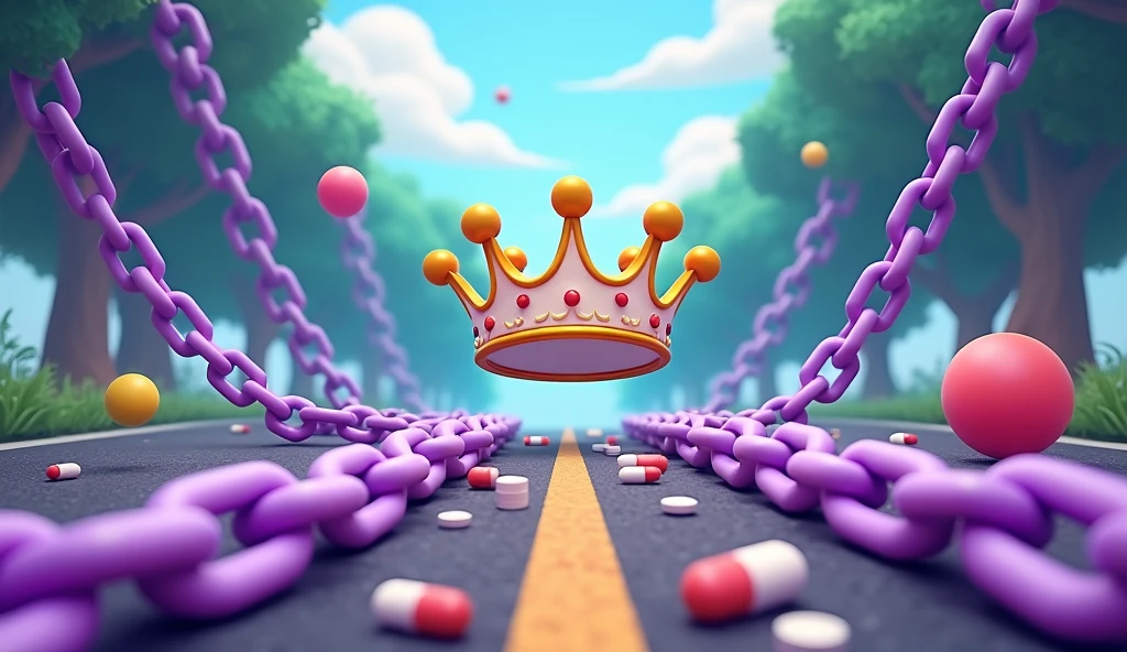 Purple chain thrown on a road, uma coroa branca e dourada flutuando centralizada sobre as chains, medicines thrown on the road, shades of purple, chains, style cartoon,