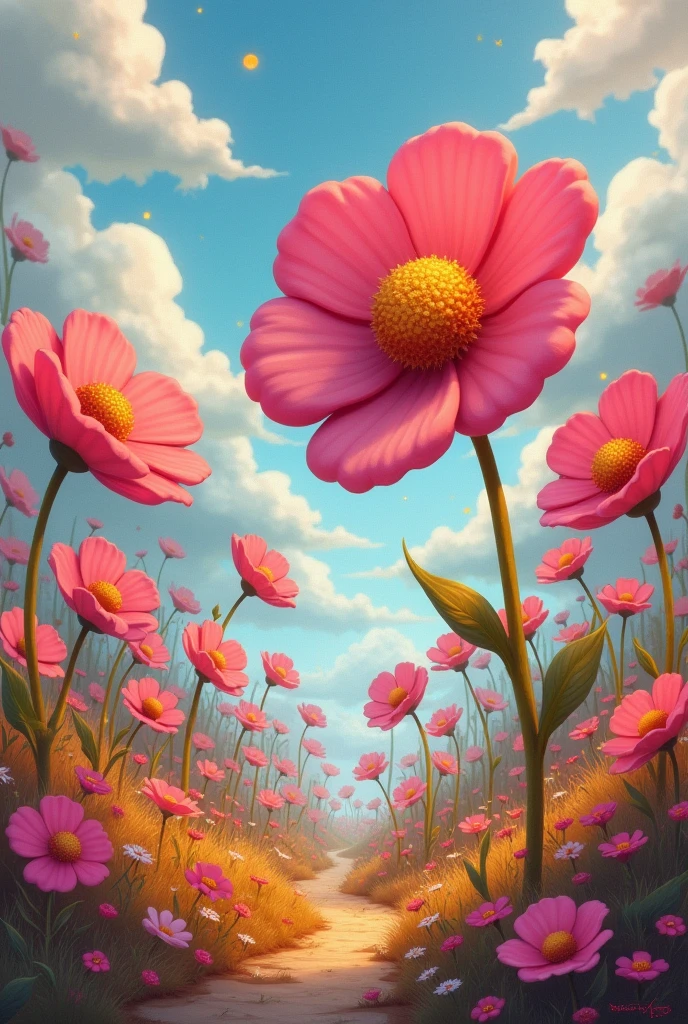 Cartoonish dream world with huge flowers with a button center and fabric petals
