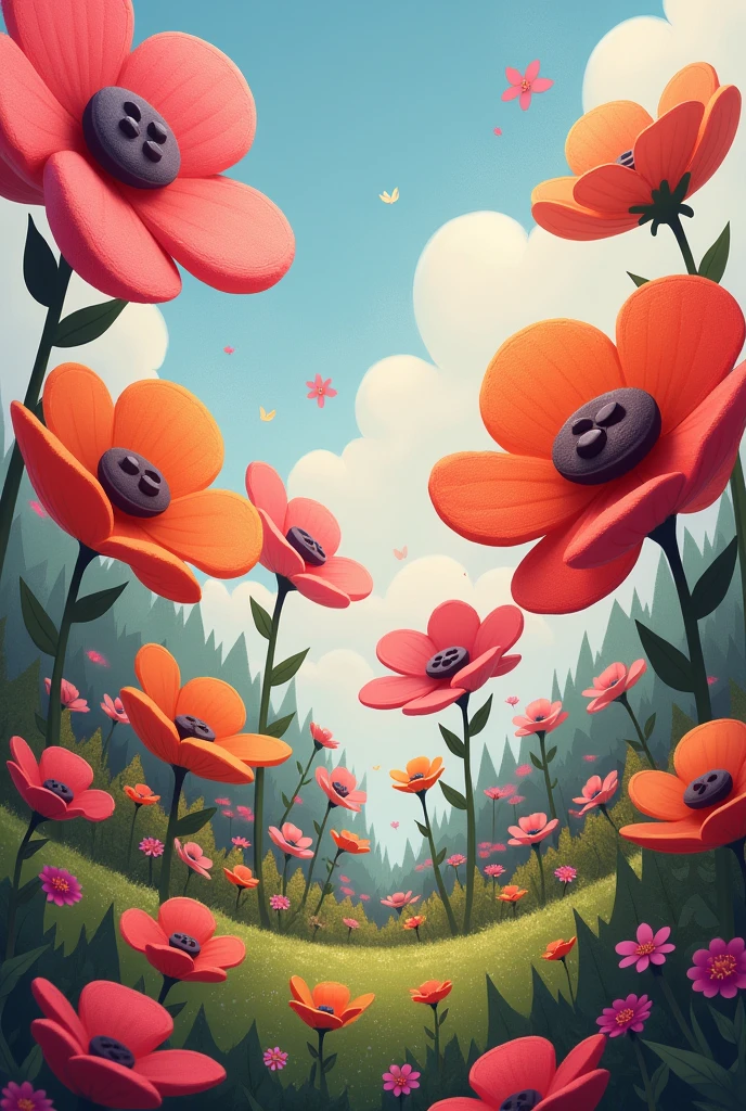 Cartoonish dream world with huge flowers with a button center and fabric petals