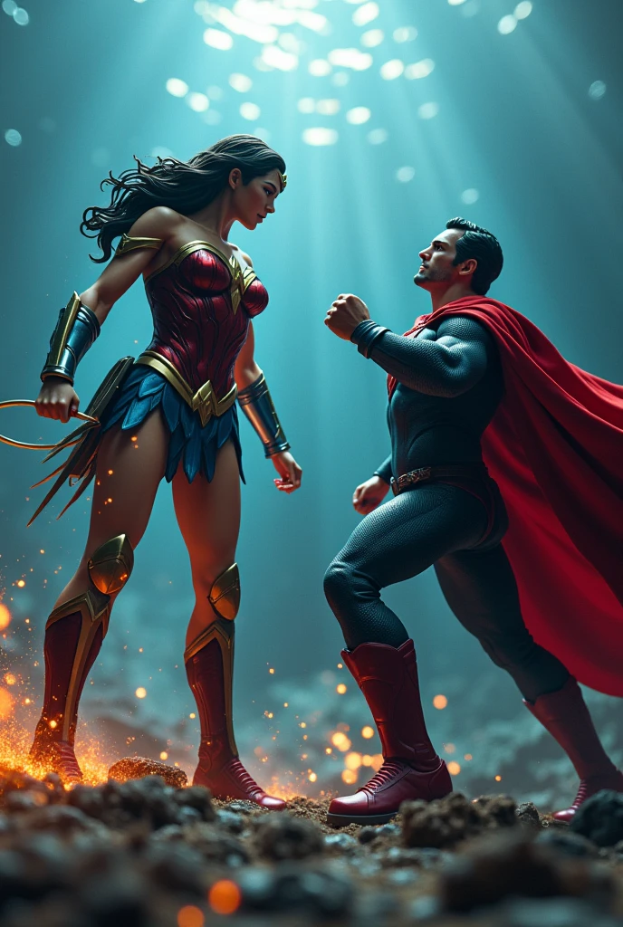 Wonder woman, big breasts, perfect body, Busty & ??? Star-Lord with red hoodie, Rocket boots, headphones, star-lord helmet, gas helmet, Covered mouth, Round & red eyes vs. Superman, ocean floor, underwater, Fighting with Shark, power, blood, Kick, Attack, magic rings in the hands, Fighting, power, fiction, full body, 2 persons, magic lasso, hight, fall, fire in boots, poweful spells, realistic, helmet, mask, float, war, kill, dead, wound, Above him, Red cape.