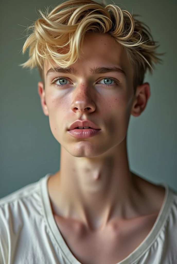 Create a realistic image of a young, manly, white-skinned twink man, blonde hair and blue eyes