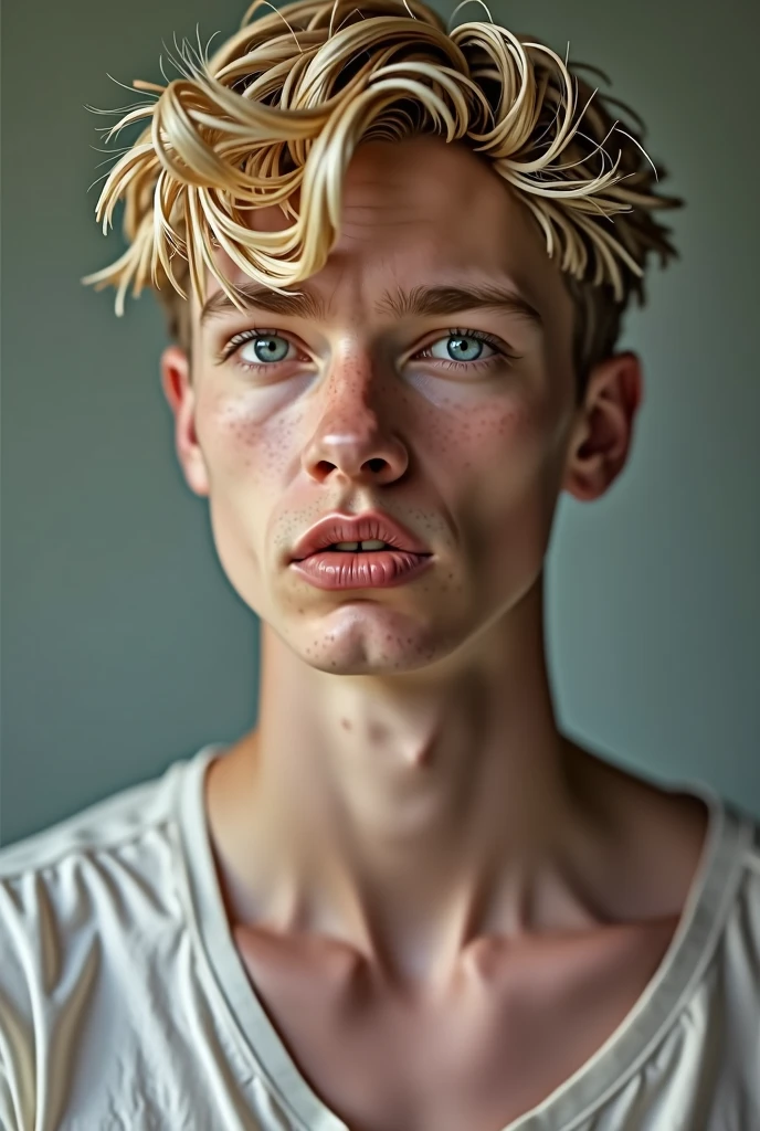 Create a realistic image of a young, manly, white-skinned twink man, blonde hair and blue eyes