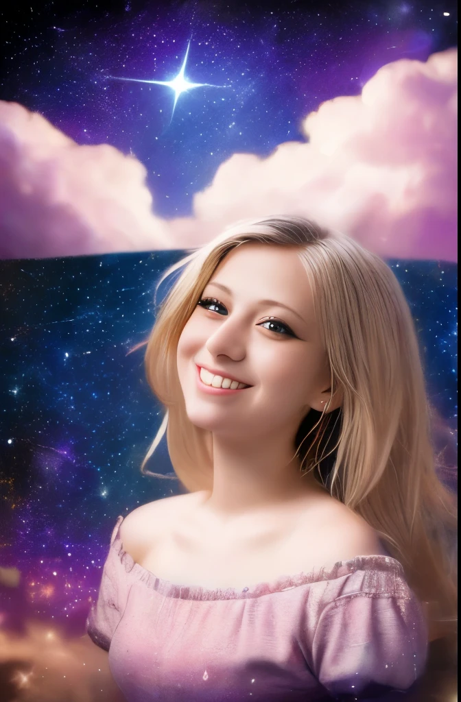 High detail, super detail, super high resolution, girl enjoying her time in the dream galaxy, surrounded by stars, warm light sprinkled on her, background is starry sky with colorful galaxies and galaxy clouds, stars flying around her, delicate face, adding playful atmosphere , 