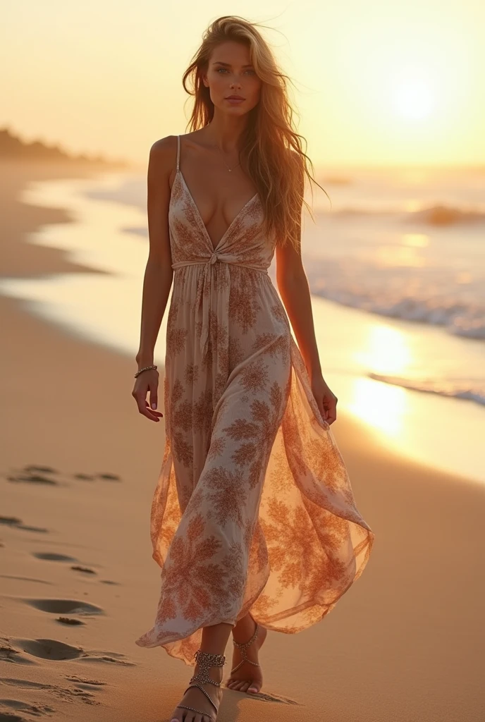 The woman in the photo exudes a serene and natural beauty as she walks gracefully along a sandy beach. The setting sun casts a warm glow, enhancing her ethereal presence. Her expression is calm and contemplative, adding a sense of depth and introspection to the scene.
Hair: Her long, wavy hair flows freely in the gentle breeze, creating a soft, windswept look that adds to her effortless elegance. The natural highlights in her hair catch the sunlight, giving it a beautiful, sun-kissed effect that complements the beach setting.
Complexion: She has a fair complexion with a natural, healthy glow. The soft lighting enhances her skin's luminosity, giving her a fresh and radiant appearance. Her makeup is minimal, allowing her natural beauty to shine through.
Eyes: Her eyes are focused and slightly squinted against the ocean breeze, giving her a look of quiet determination and poise. They are a captivating shade that reflects both strength and vulnerability, drawing the viewer into her gaze.
Lips: Her lips are soft and naturally colored, with a subtle sheen that suggests a light application of gloss. Her lips are slightly parted, adding to her relaxed and contemplative demeanor.
Outfit: She is wearing a flowing, patterned maxi dress that features a mix of warm tones, including pinks, reds, and creams. The dress has a deep V-neckline and long sleeves, cinched at the waist to accentuate her figure while still maintaining a loose, comfortable fit. The fabric moves beautifully with her, catching the breeze as she walks, enhancing the sense of freedom and movement.
Footwear: She is wearing a pair of strappy sandals that complement her bohemian-inspired dress. The sandals are delicate yet practical for a beach setting, adding to the effortless style of her outfit.
Setting: The beach is serene and expansive, with soft sand underfoot and the gentle waves of the ocean in the background. The natural, muted colors of the landscape create a harmonious backdrop, allowing her vibr