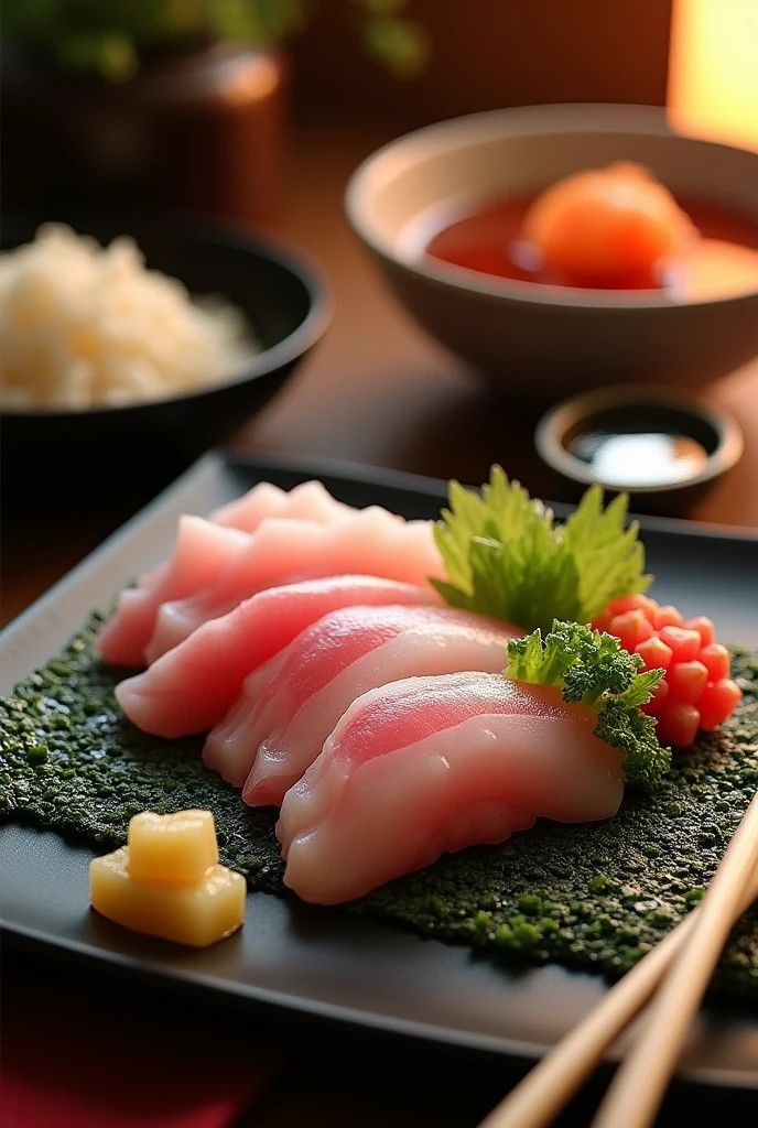 Indoor, soft lighting, intricate details, warm colors, squid sashimi, soy sauce, wasabi, vinegar rice, nori, pickled vegetables, ginger