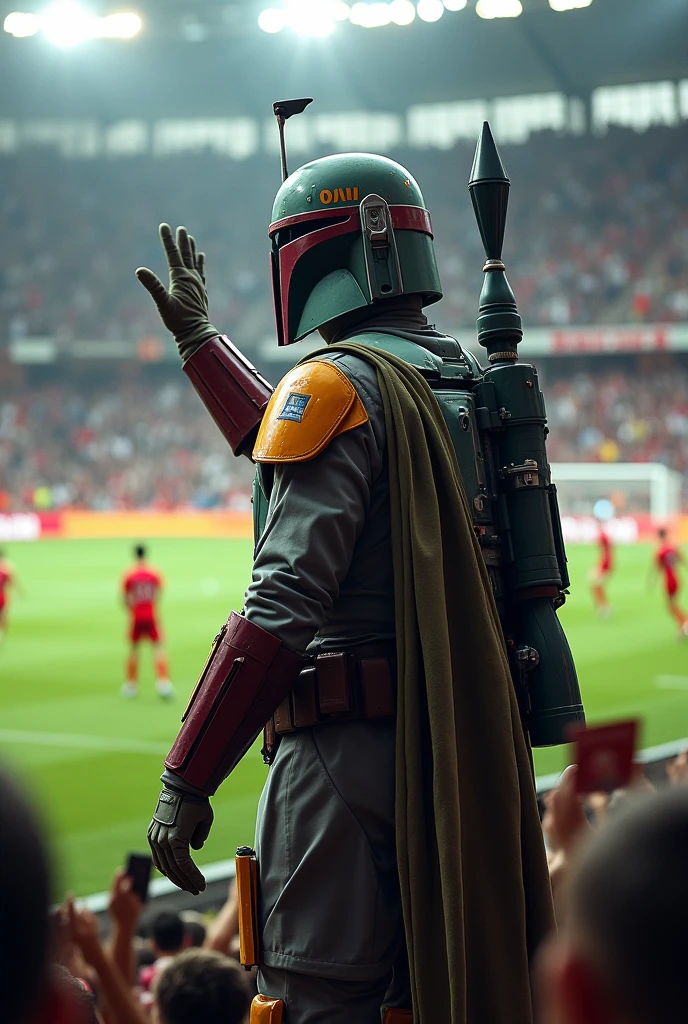 Boba Fett waves to everyone at a soccer game、Star Wars、movie、Mandaean、