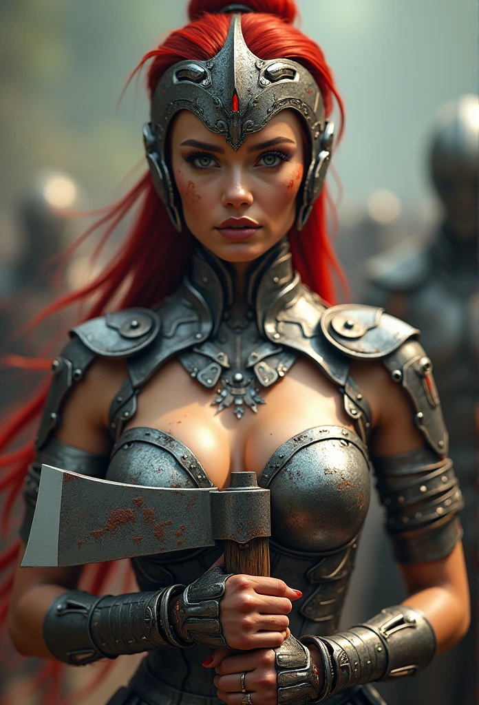 A dark elf warrior, tight body armor, large breasts, wide hips, discreet smile, Wavy red hair, a collar around her neck, (high quality, 4k resolution, focus on details)