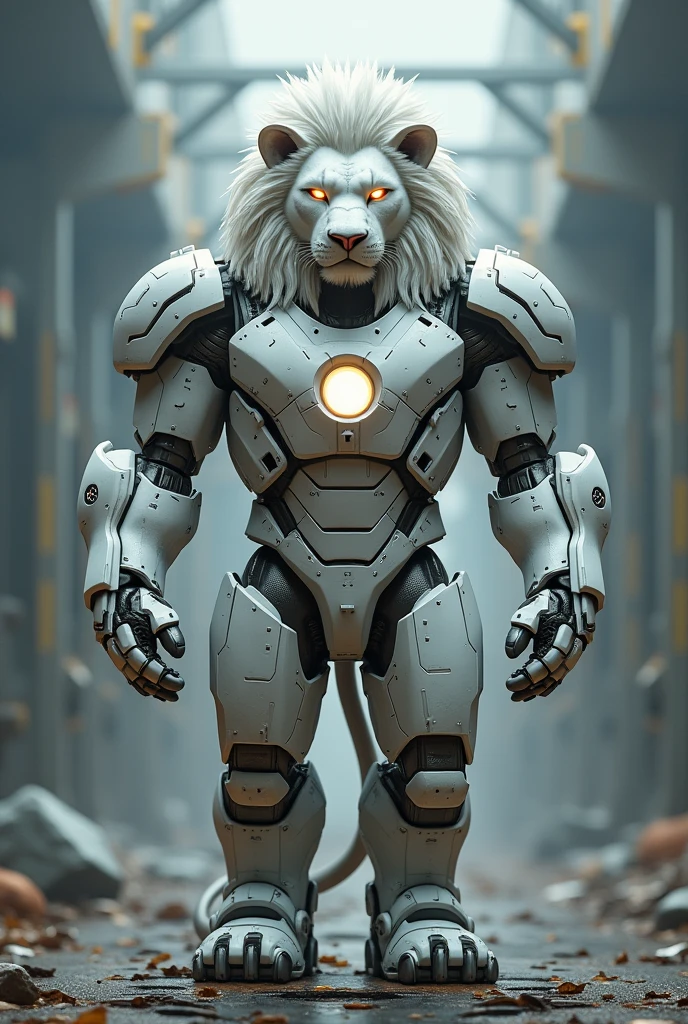 Create an image of lion with white agey clothing of iron and a look like iron man