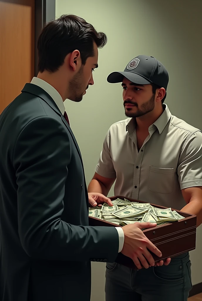 I want two people between 20. Or 30 years old, a man in a suit and tie and the other dressed in a short-sleeved shirt and cap, one has a briefcase full of 500 Honduran lempira bills and the other is collecting it. 