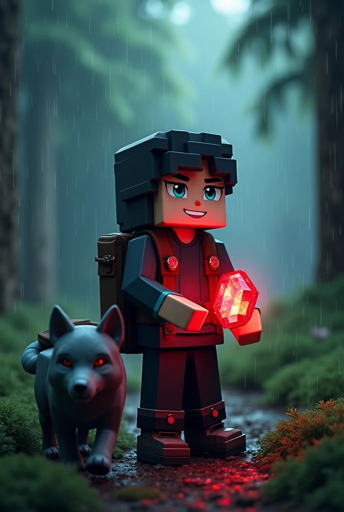 Create a minecraft profile picture for youtube. The character will be holding a red Crystal in a forest, where it will be raining, Your outfit will be in a Dark style with some small red details, He will also be wearing a backpack and looking happy.. You will have a gray wolf by your side. The character&#39;s eye color will be Cyan.