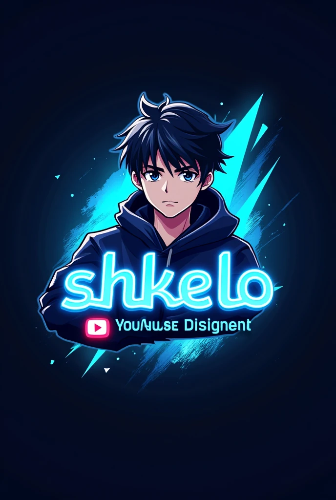 This is a gaming logo that features the name "Shkelo" in a futuristic font and a neon blue color. and Boy Anime avtar, The logo also has a stylized controller icon and a YouTube play button in the background. The logo is designed to be attractive and eye- catching, and to appeal to gaming enthusiasts and YouTube viewers Ihone
