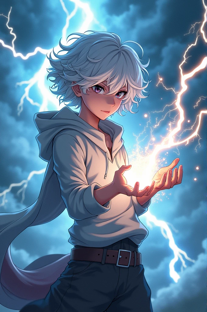 White anime boy, Curly white hair, and with the power of lightning