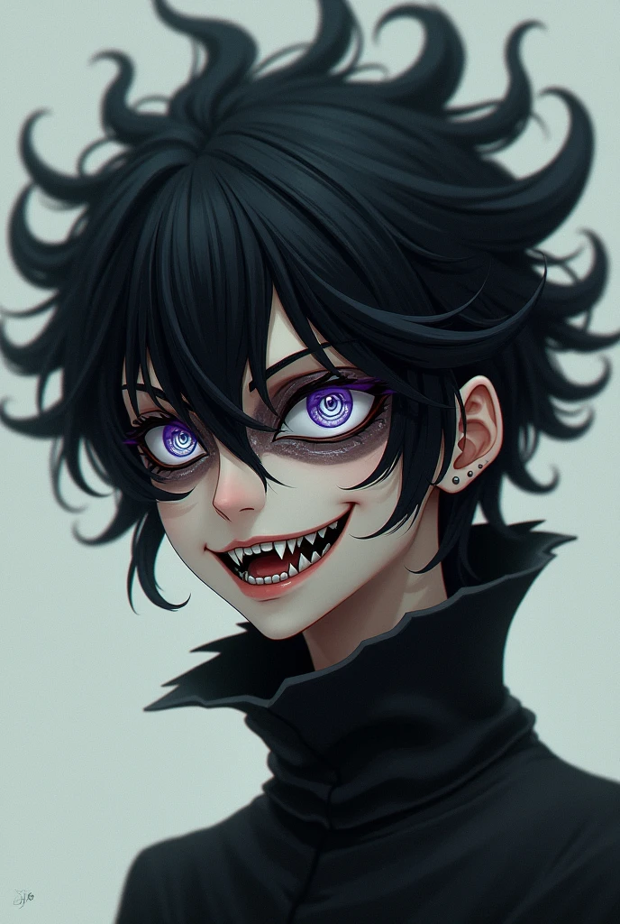 Bblack hair, with the spiral shaped eye, purple eye color, mid curly hair, he&#39;s kind of skinny, the teeth are shark style