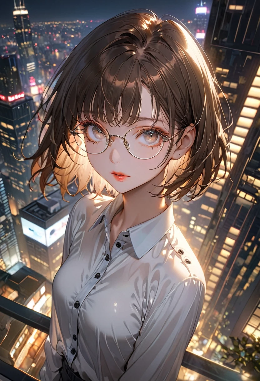 The background is the rooftop of a skyscraper at night，(Highest quality,Very detailed,High resolution:1.2),beautiful girl，Brown very short hair,Brown bangs，very_Long eyelashes, Detailed lips, Cool look, Soft Skin, Shiny Hair,Exquisite makeup,Shot from above，black buttoned shirt，Wearing round glasses