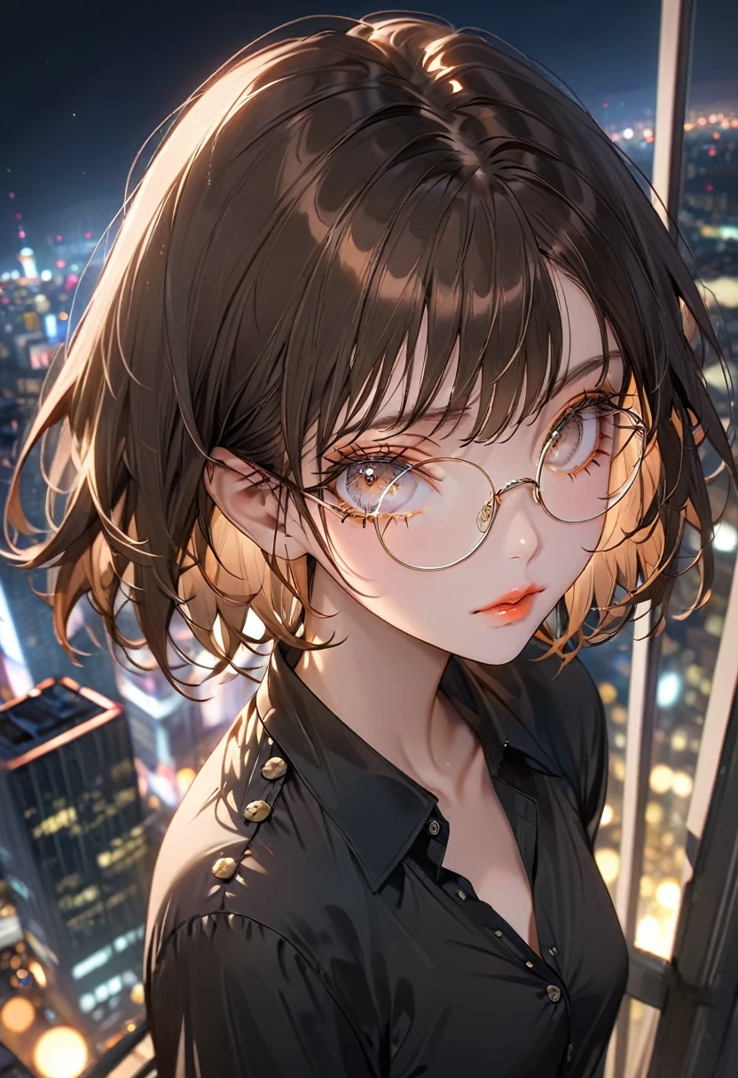 The background is the rooftop of a skyscraper at night,(Highest quality,Very detailed,High resolution:1.2),beautiful girl,Brown very short hair,Brown bangs,very_Long eyelashes, Detailed lips, Cool look, Soft Skin, Shiny Hair,Exquisite makeup,Shot from above,black buttoned shirt,Wearing round glasses