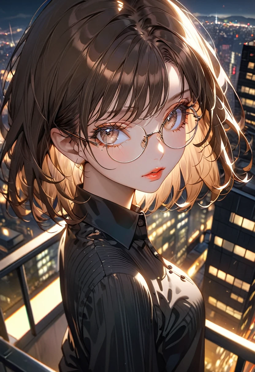 The background is the rooftop of a skyscraper at night,(Highest quality,Very detailed,High resolution:1.2),beautiful girl,Brown very short hair,Brown bangs,very_Long eyelashes, Detailed lips, Cool look, Soft Skin, Shiny Hair,Exquisite makeup,Shot from above,black buttoned shirt,Wearing round glasses