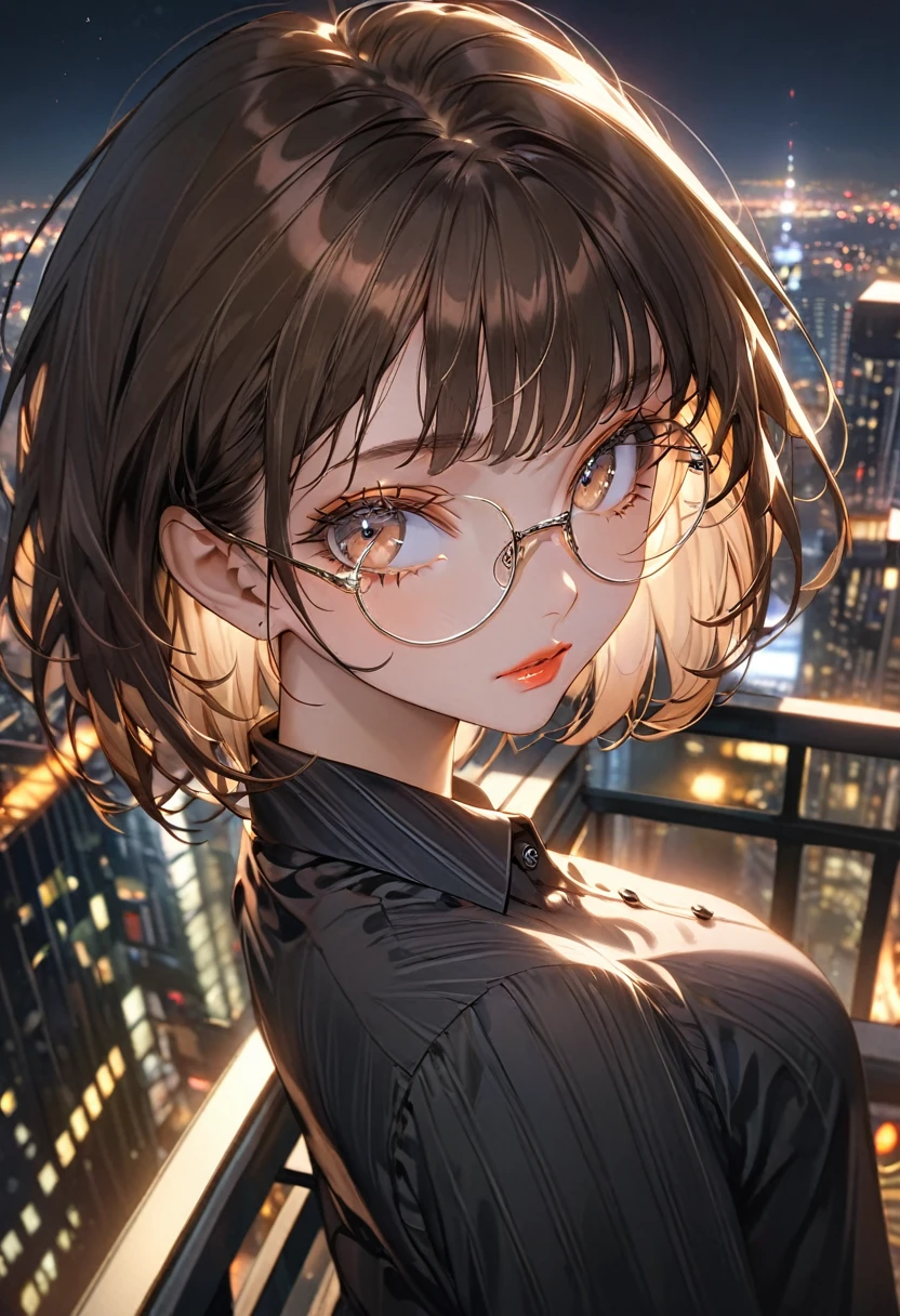 The background is the rooftop of a skyscraper at night,(Highest quality,Very detailed,High resolution:1.2),beautiful girl,Brown very short hair,Brown bangs,very_Long eyelashes, Detailed lips, Cool look, Soft Skin, Shiny Hair,Exquisite makeup,Shot from above,black buttoned shirt,Wearing round glasses