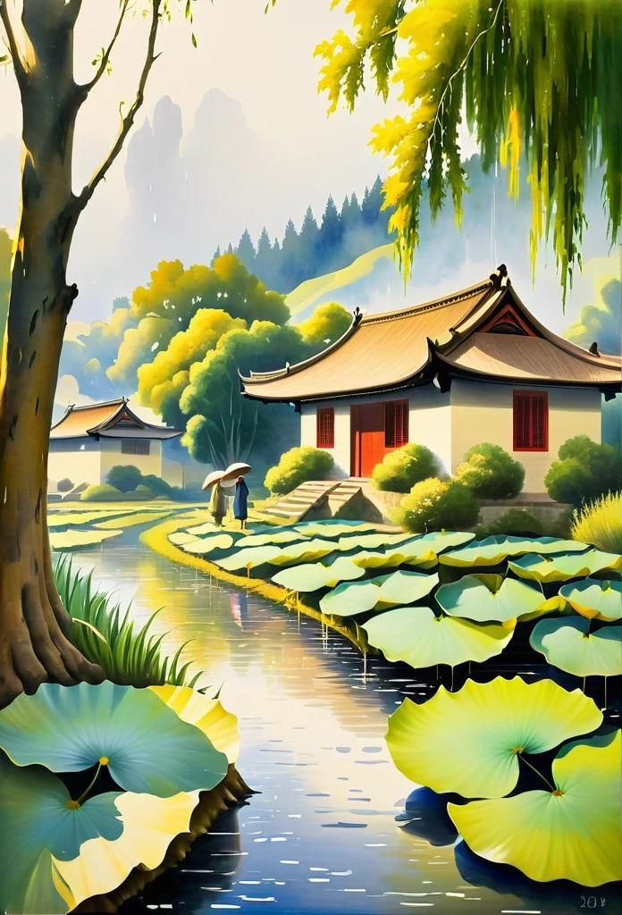 There is a stream in front of the tile house, two people carrying hoes, willow trees, swallows, rain, frogs on lotus leaves, ink wind