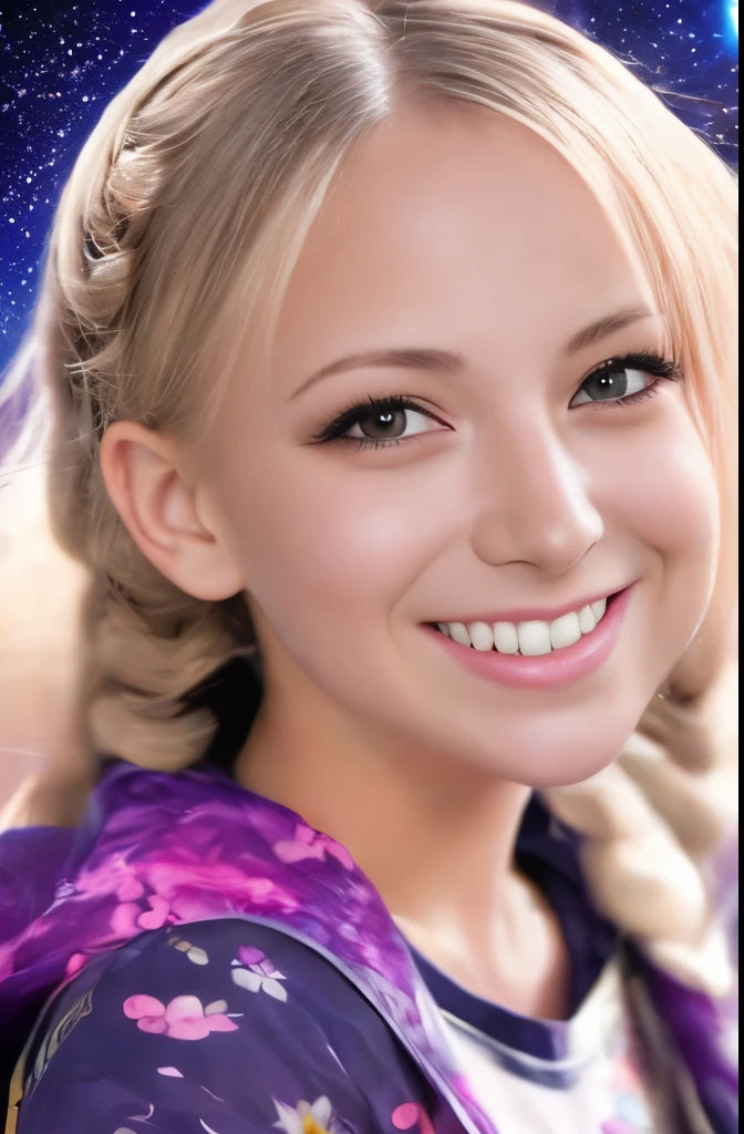 High detail, super detail, super high resolution, girl enjoying her time in the dream galaxy, surrounded by stars, warm light sprinkled on her, background is starry sky with colorful galaxies and galaxy clouds, stars flying around her, delicate face, adding playful atmosphere ,