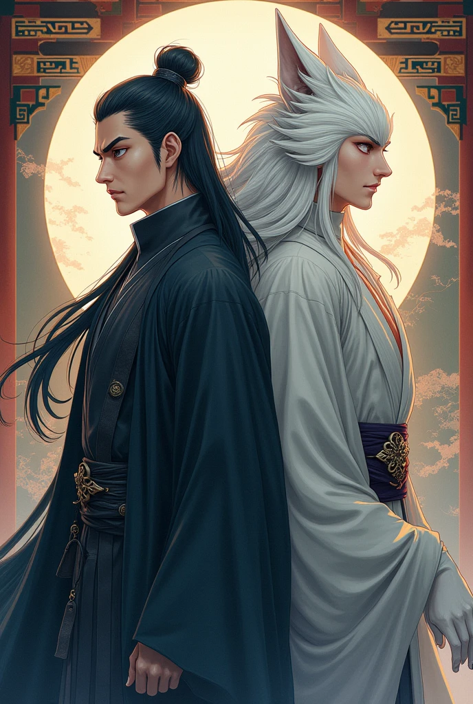 Chinese ancient anime male character poster, a person with a cold, handsome and serious face, and a platinum haired man, fox ears and nine fox tails standing next to each other