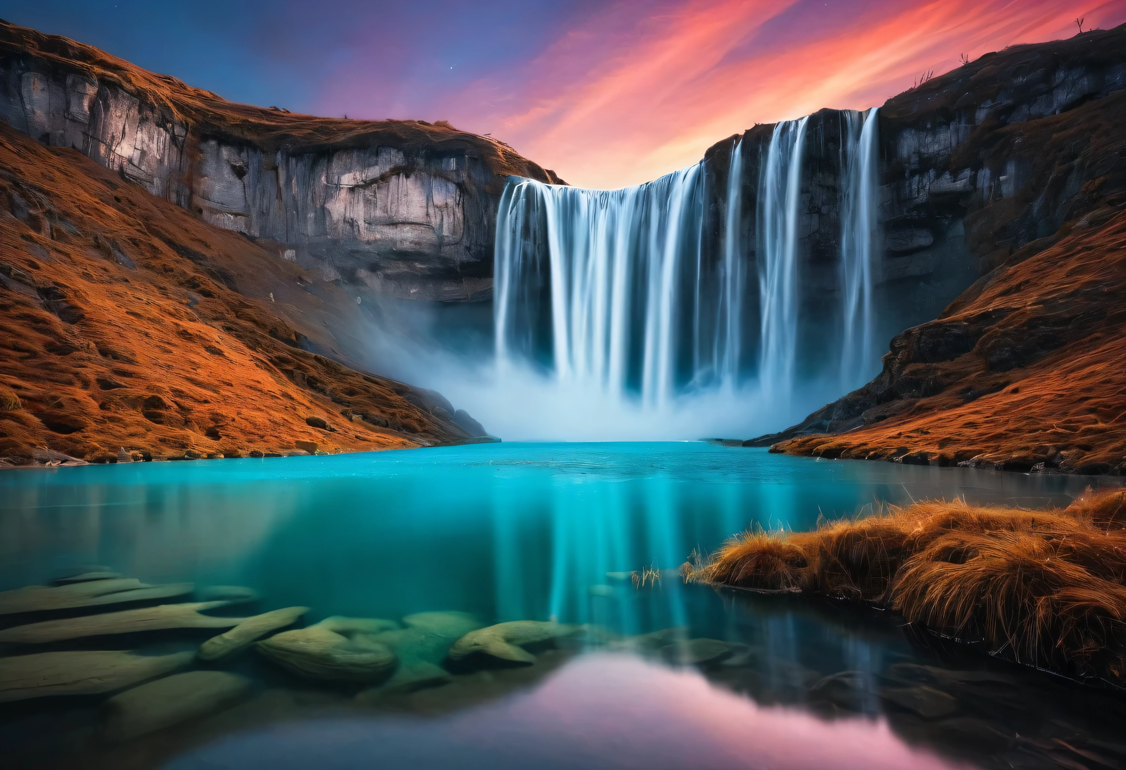 Generate an imaginative and surreal landscape photo that blends elements of nature with abstract and futuristic details. The scene should feature a vast, otherworldly terrain with towering, crystalline structures that rise from the ground, reflecting vibrant colors of the sky. The land is covered with bioluminescent plants that glow softly in the twilight, and unusual rock formations that defy the laws of physics, perhaps floating or twisted into intricate shapes. In the distance, a massive, translucent waterfall pours into an iridescent lake that mirrors the sky. The sky itself is filled with swirling clouds in a mix of warm and cool tones, creating a dreamy and ethereal atmosphere. The overall composition should evoke a sense of wonder and awe, capturing a landscape that feels both familiar and alien, blending reality with fantasy in a way that has never been seen before.
