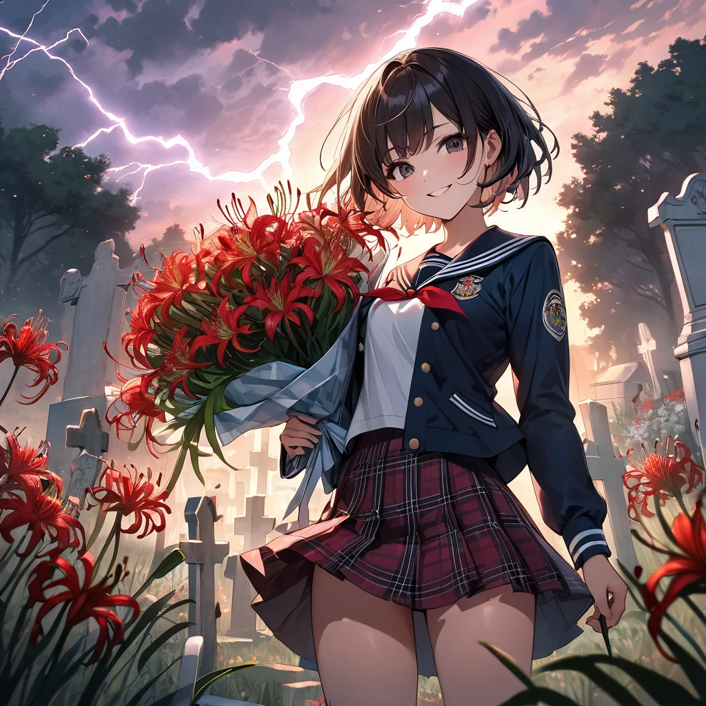 masterpiece、Bold, anime-style illustration、Dense painting、Horror taste、dusk、Cinematic lighting、Front camera angle、Cemetery、High school girl holding a bouquet of spider lilies、Beautiful girl、Invincible Smile、stylish、short hair、Short sailor suit、Cleavage、Tartan check mini skirt。Lightning strikes her。