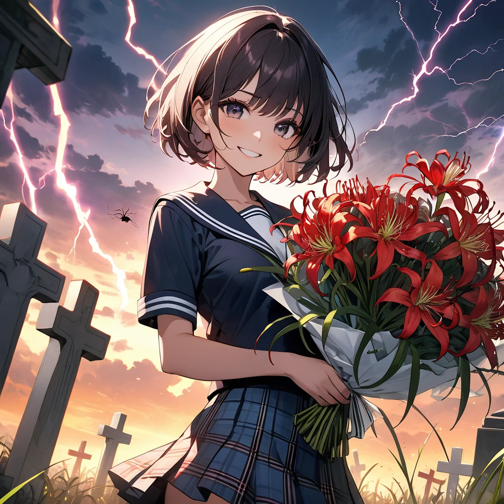 masterpiece、Bold, anime-style illustration、Dense painting、Horror taste、dusk、Cinematic lighting、Front camera angle、Cemetery、High school girl holding a bouquet of spider lilies、Beautiful girl、Invincible Smile、stylish、short hair、Short sailor suit、Cleavage、Tartan check mini skirt。Lightning strikes her。