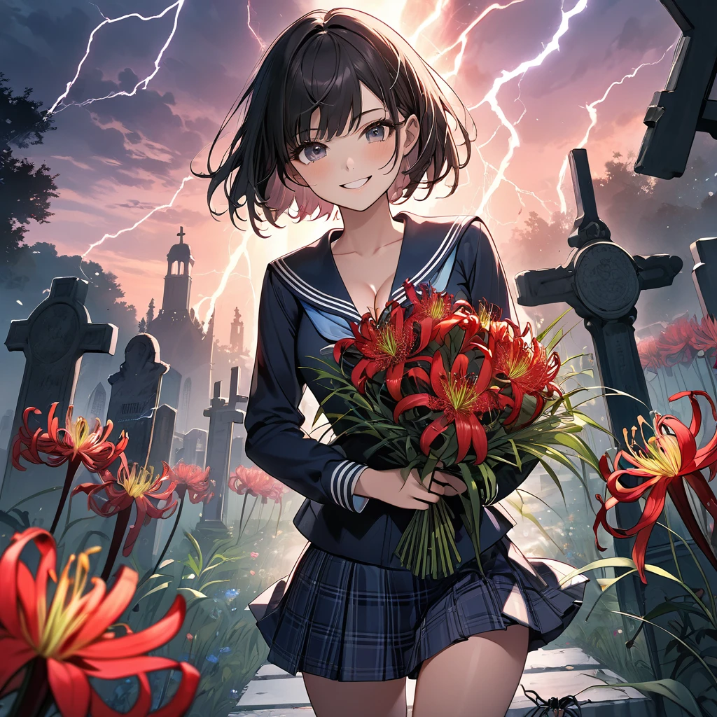 masterpiece、Bold, anime-style illustration、Dense painting、Horror taste、dusk、Cinematic lighting、Front camera angle、Cemetery、High school girl holding a bouquet of spider lilies、Beautiful girl、Invincible Smile、stylish、short hair、Short sailor suit、Cleavage、Tartan check mini skirt。Lightning strikes her。
